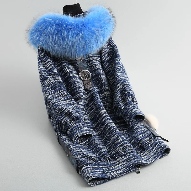 

Coat Tweed Fashion Women Large Natural Raccoon Fur Collar Hooded Long Knitted Winter Female Jacket 2020 18047 WYQ1810