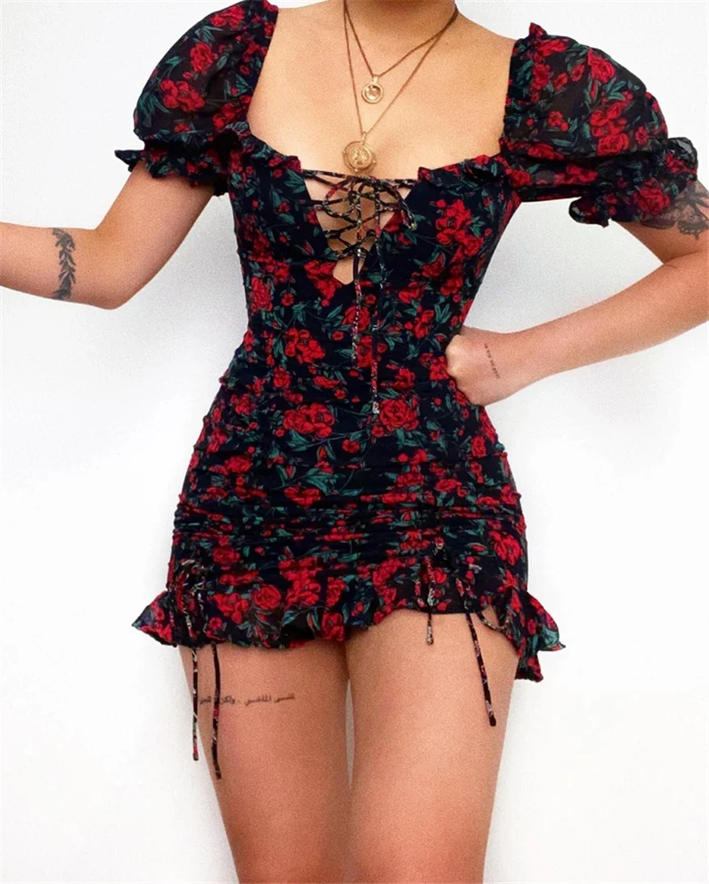 

New 2021 Vintage Floral Puff Sleeve Short Ruffles Dress Summer Women Ladies Hollow Out Lace-up Front Square Collar Ruched Dress