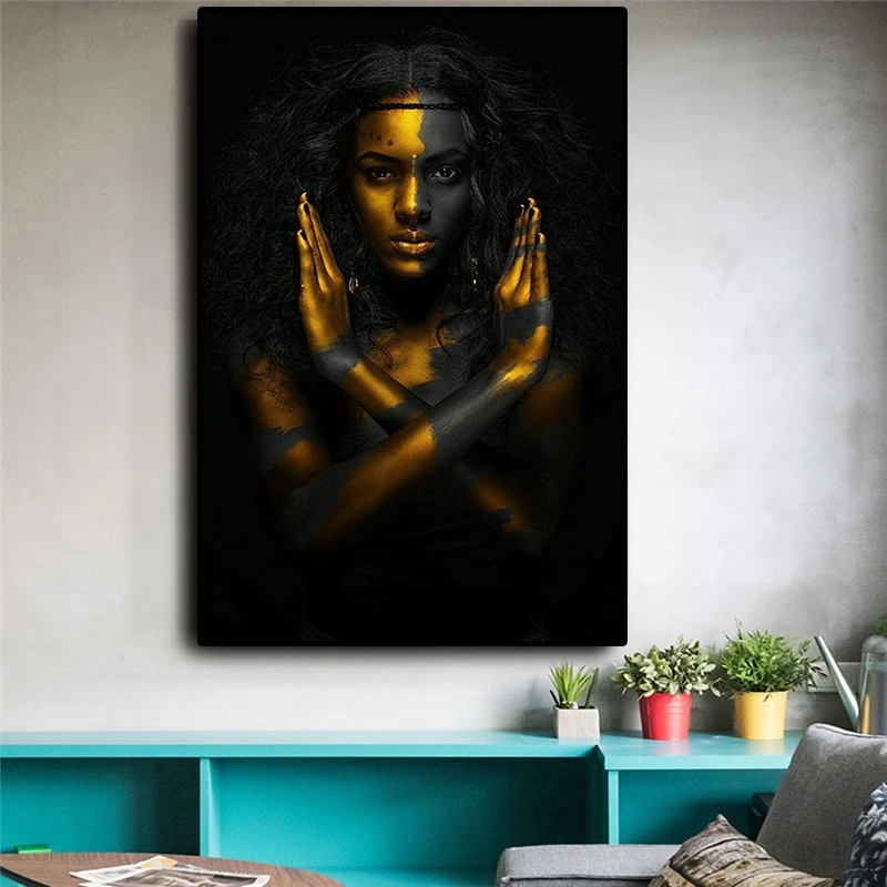 Золото картина маслом с изображением Африканской женщины на холсте Плакаты и