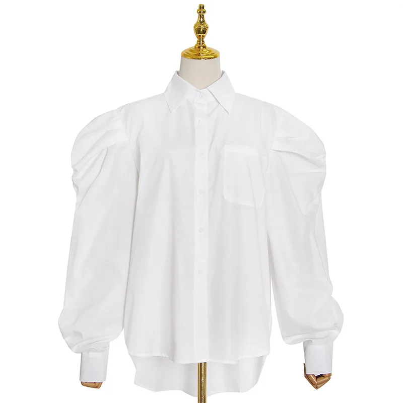 

Small sense new fashion casual simple lapel row buckle design lantern sleeve slim shirt women