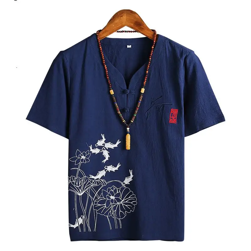 

Chinese Style Collarless Short Sleeve Shirt Men Streetwear Plus Size 5XL 4XL Linen Shirts Casual Fashion Blouse Vintage Clothing