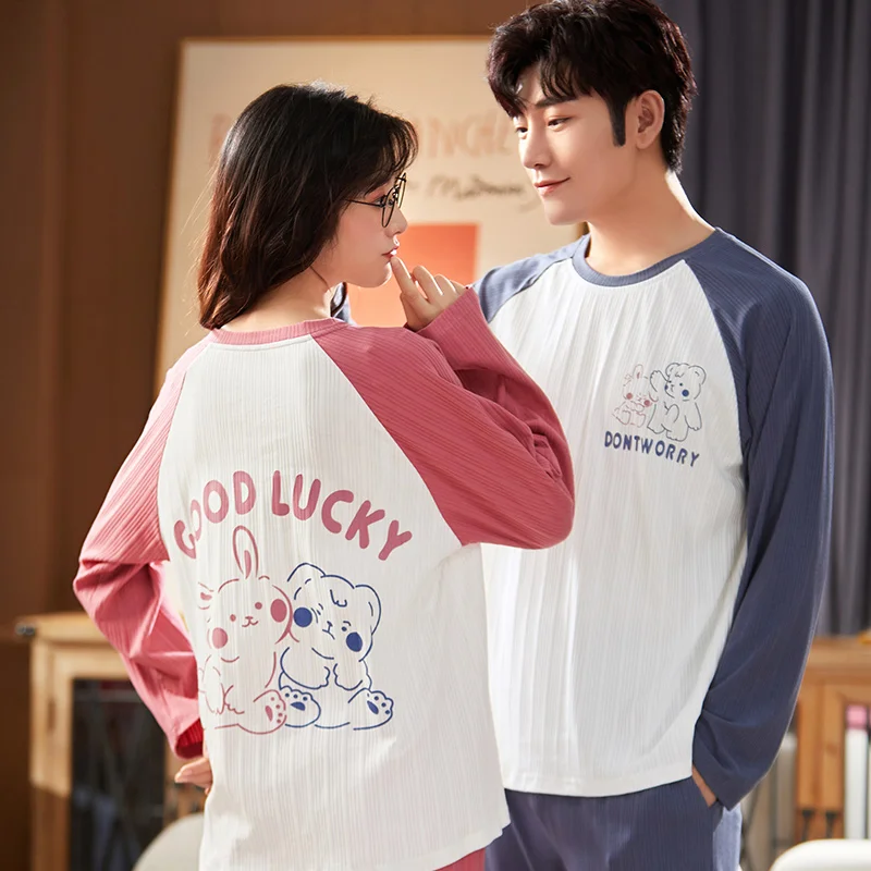 

Winter Long Sleeve Pajamas Cute Lovers Bears Cartoon Cotton Couple Homewear Women/Men Plus Size Korean Splicing Sleepwear Suits