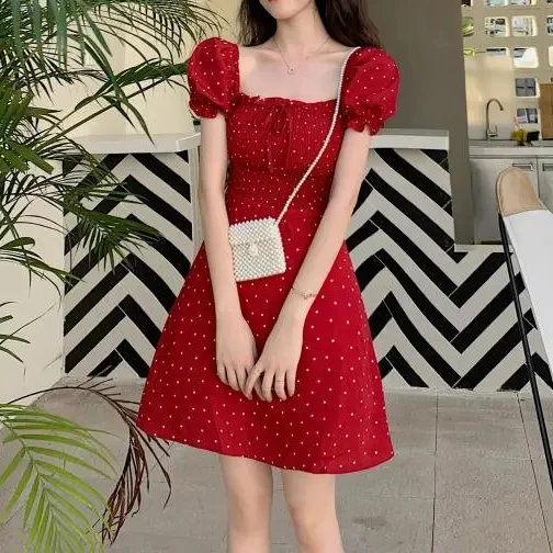 

French retro square collar polka dot dress 2021 spring new puff sleeve skirt women's clothing vintage dress Sheath
