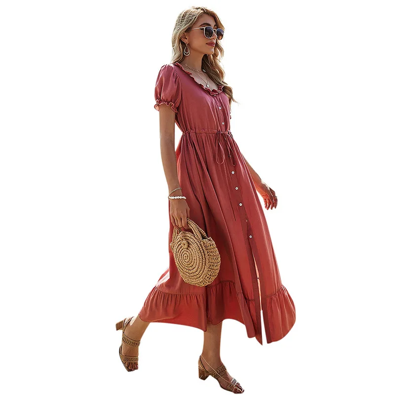 

2021 Summer Puff sleeves vacation Ruffles dress for women button-down O necked ladies long dress Bohemian vintage dress vestidos