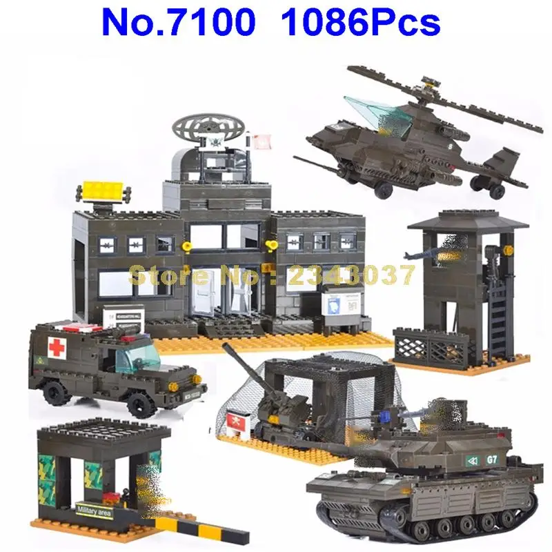Конструктор Sluban 7100 1086 шт. военный армия штаб квартира вертолет танк игрушка|building