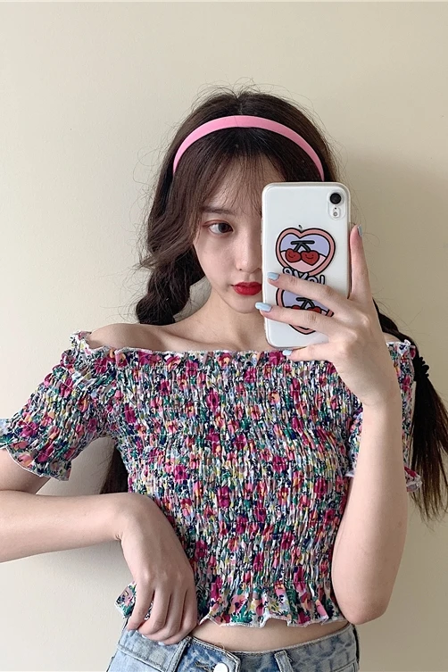 

Summer New Short Sleeve Women T-shirt Slash Neck Floral Print Tshirt Petal Sleeve Slim Fit Female Tees Thin Sexy Short Tops