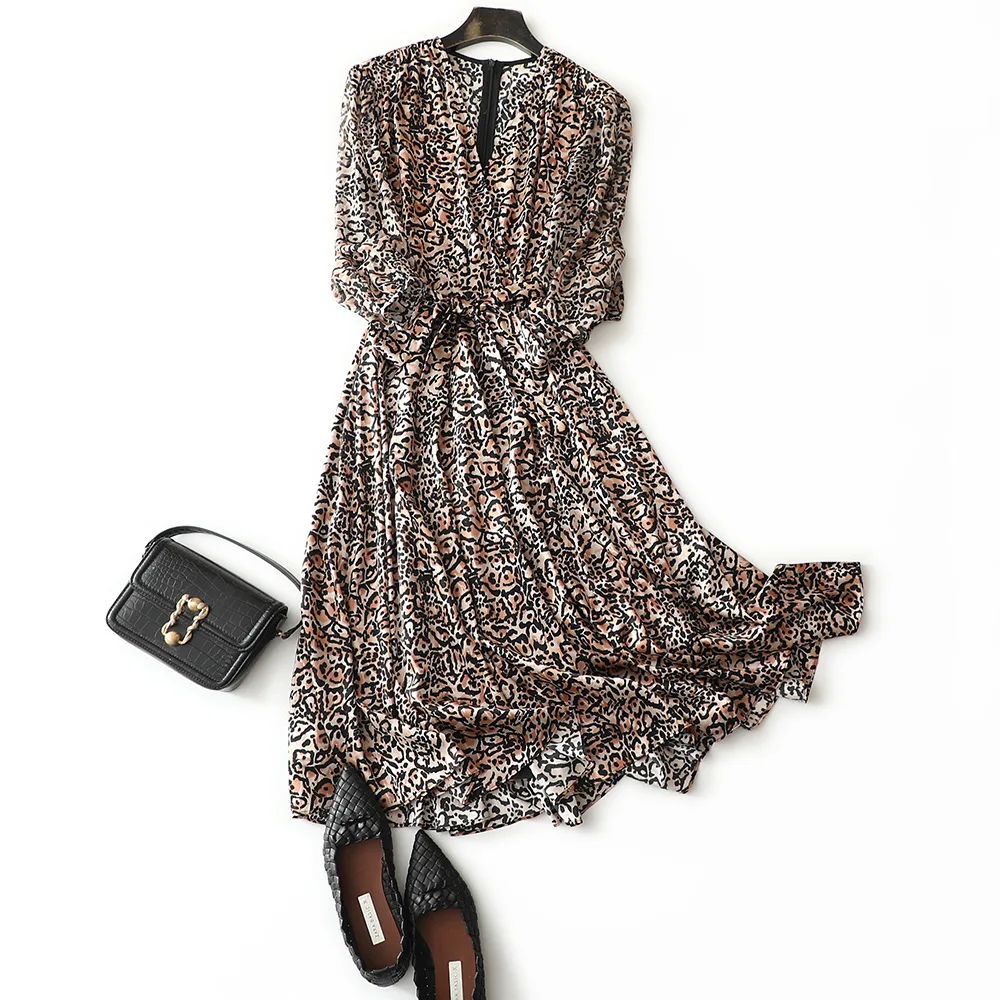 

25mm 100% heavy silk leopard print silk dress with belt 2021 summer fashion ladies short sleeve stylish clothing