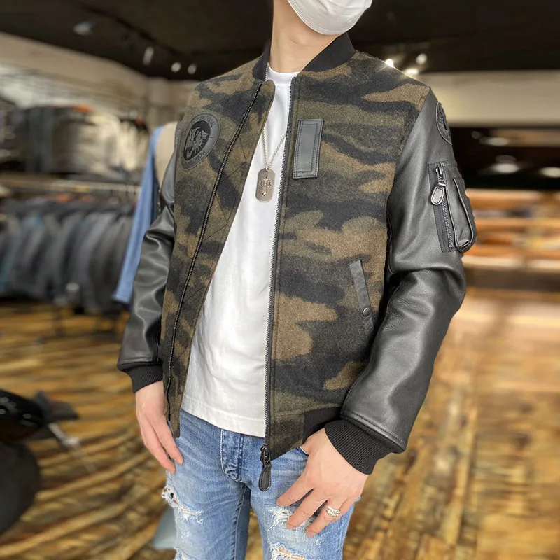 

300 Super Offer ! Big US Size Genuine Sheep Skin Sleeve Wool Jacket Mens Casual Camouflage Coat