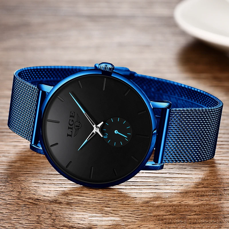 LIGE модные мужские часы водонепроницаемые тонкий сетчатый ремешок
