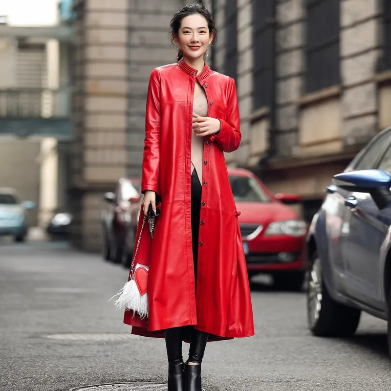 Женская Длинная ветровка из овечьей кожи с длинным рукавом|Кожаные куртки| |