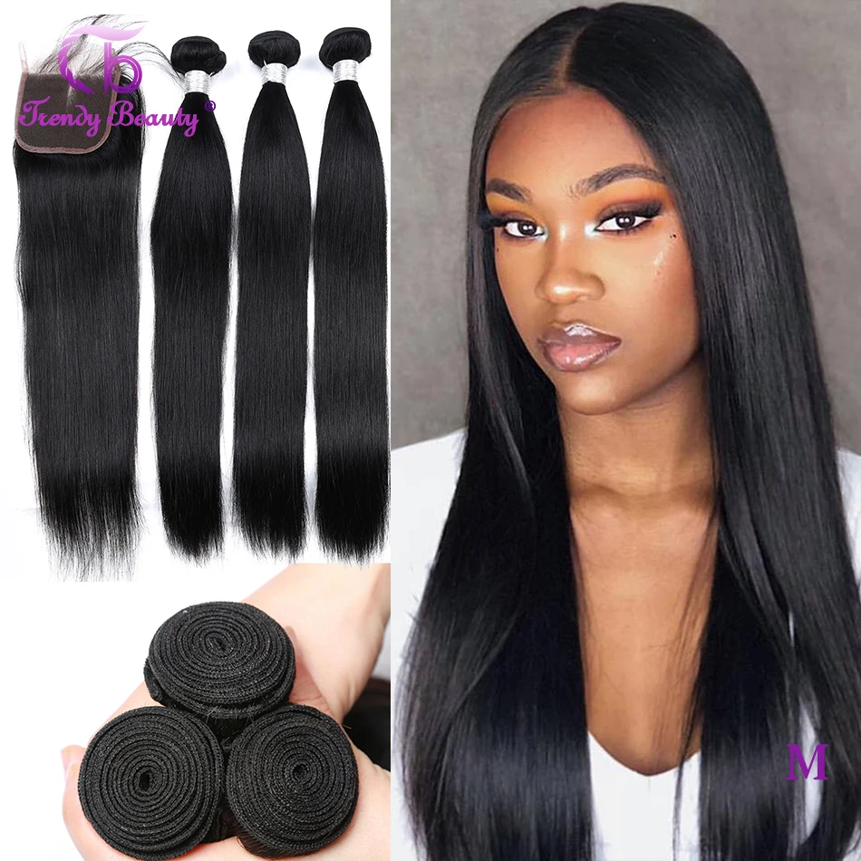 Индийские прямые волосы 3 пряди с 4x4 кружева закрытие бесплатная/средний/три