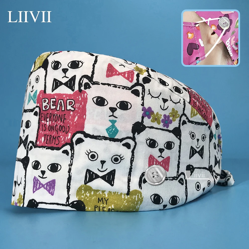 

High Quality Pet Grooming Work Scrub Hat Pure Cotton Printed Beautician Forest Elastic Scrub Cap Operating Room Nurse Work Caps