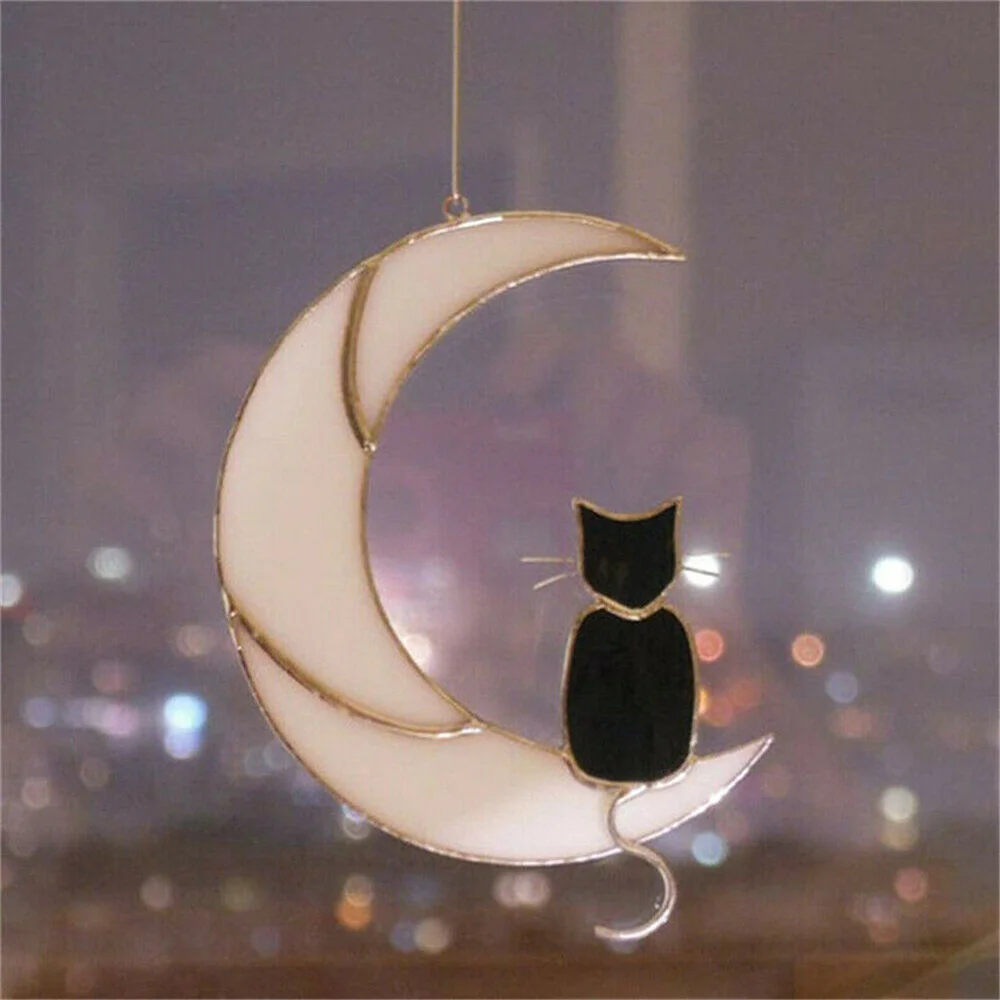 

Stained Glass Cat On The Moon Window Hanging Sticker Cat Lover Gift Pet Gift Black Cat On The Moon Home Decor