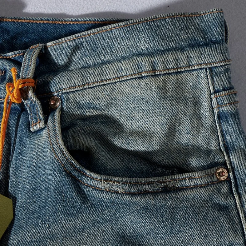 Autumn and Winter Thick Stretch Jeans Men 's Cloth Patch Nostalgic Straight -Leg Denim Trousers