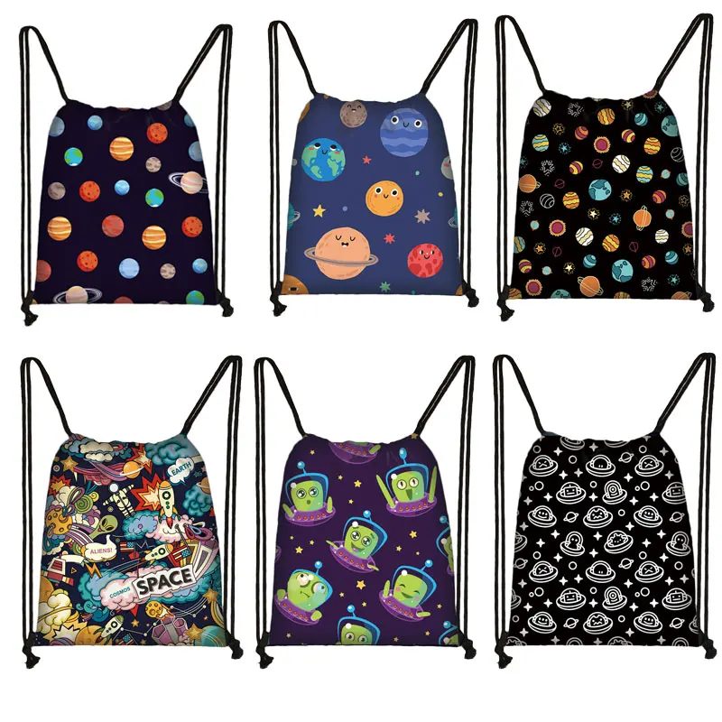 Spaceship Drawstring Bag Splendid Space Planet Backpack Women Fashion UFO aliens Softback For School Galaxy Travel Bag