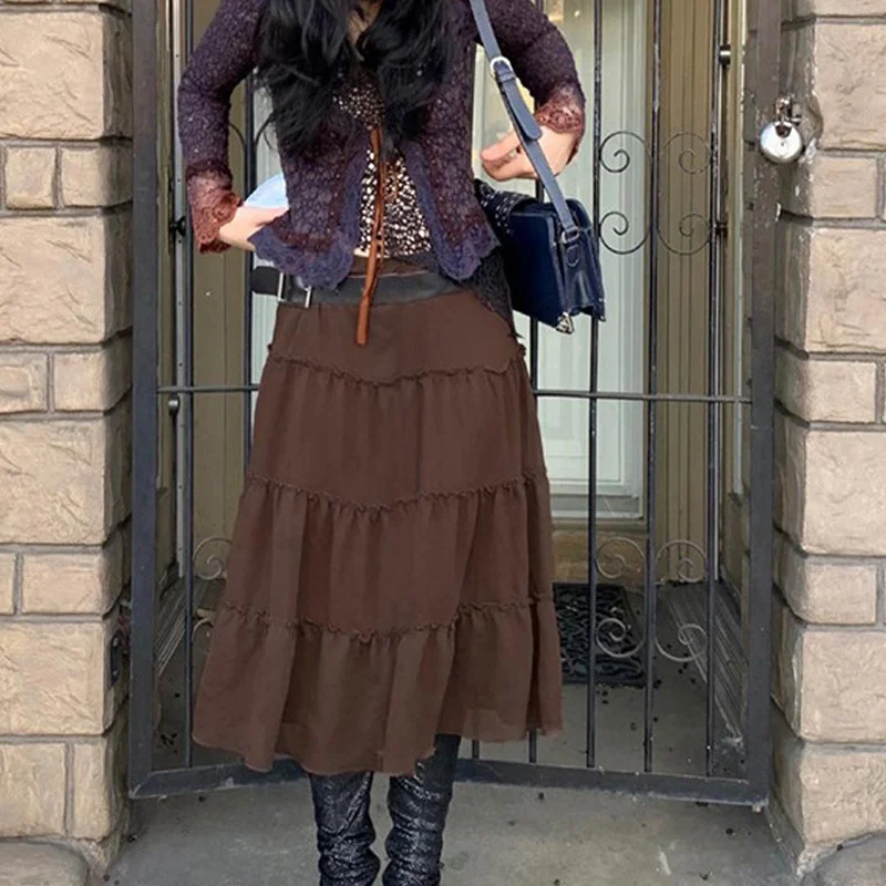 

Женские юбки с оборками, трапециевидная сетчатая прозрачная драпированная юбка с низкой талией в стиле пэчворк, коричневая юбка до середин...