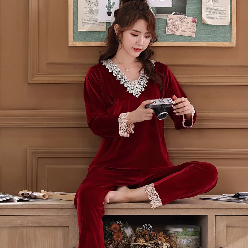 

Женские пижамные комплекты из 2 предметов для осени и зимы, бархатные пикантные теплые пижамные костюмы бордового цвета для женщин