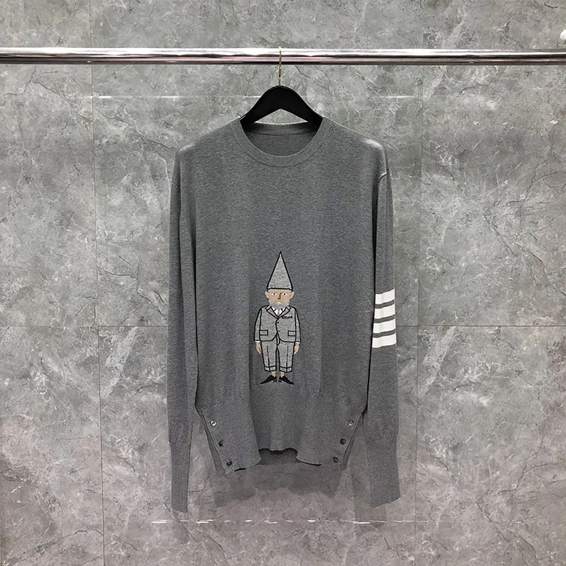 

TB THOM Sweater Autunm Winter Sweater Male Cotton Old Man Intarsia 4-Bar Crew Neck Pullover Casual Coats Light Gray TB Sweaters