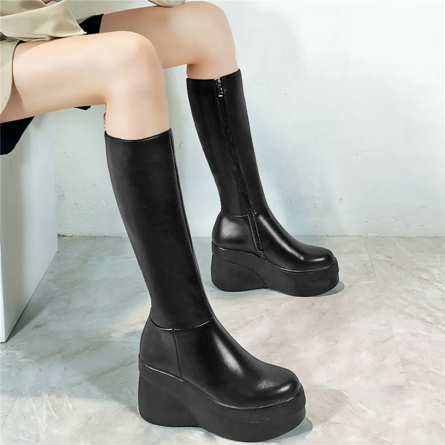 

Black Thigh High Fashion Sneakers Women Genuine Leather Wedges High Heel Motorcyle Boots Female Round Toe Platform Pumps Shoes