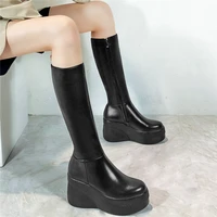 black thigh high fashion sneakers women genuine leather wedges high heel motorcyle boots female round toe platform pumps shoes