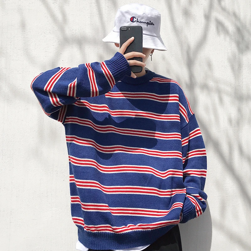 2019 весна и осень Новый Простой повседневный полосатый свитер Мужская Пара