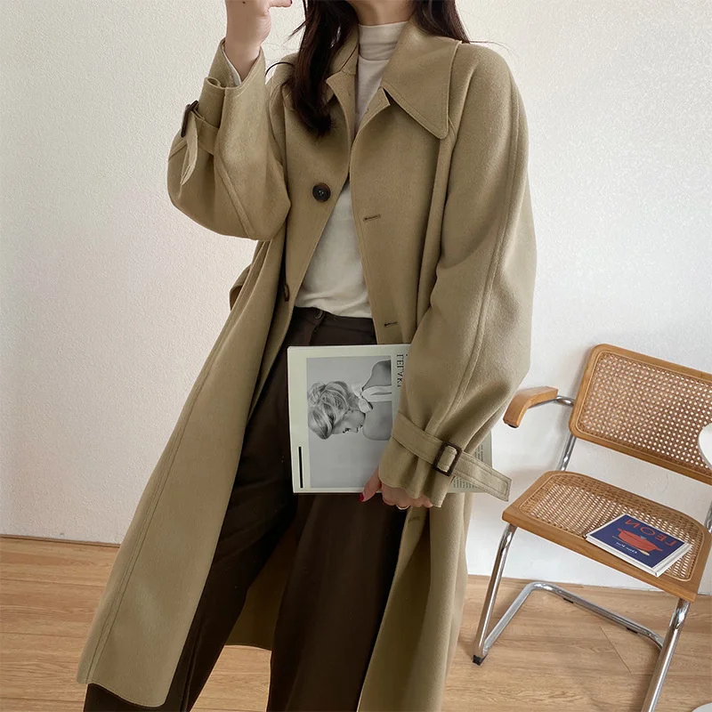 

Новинка 2021, двустороннее кашемировое пальто, женское свободное шерстяное высококачественное популярное твидовое пальто средней и длины