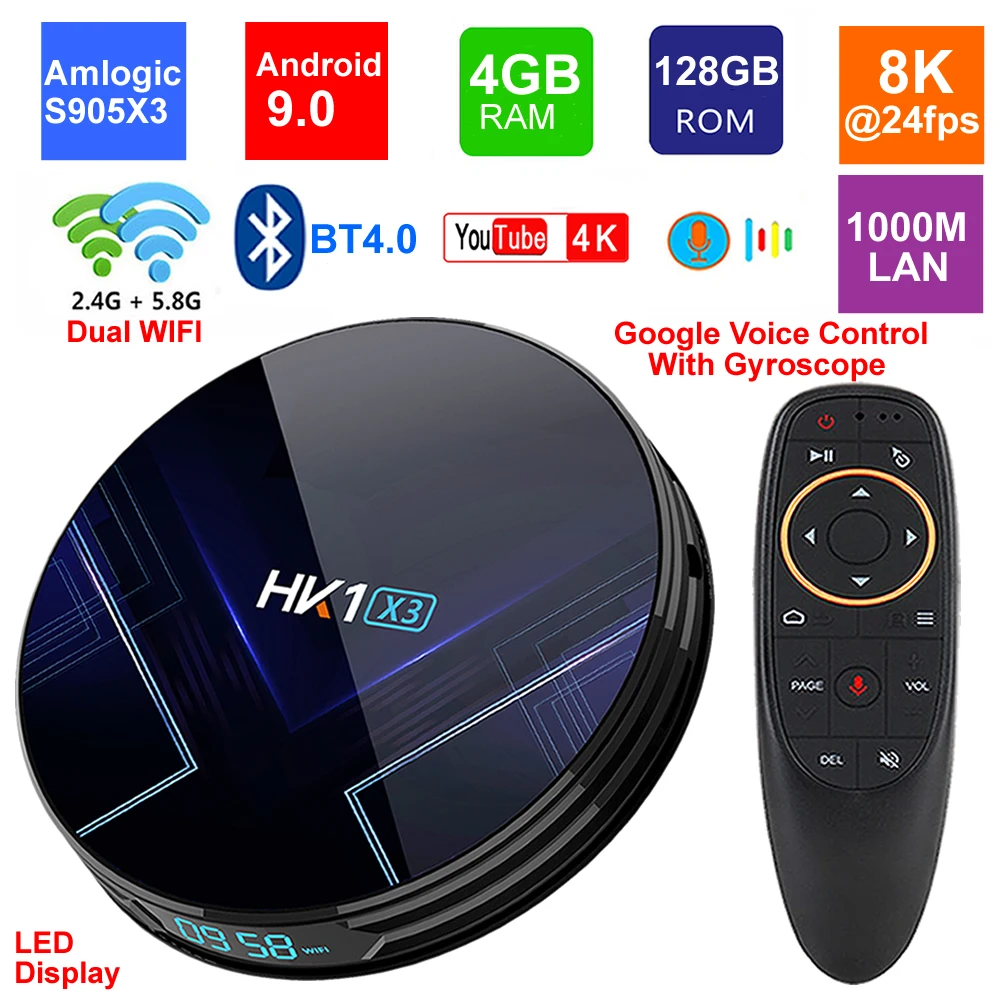 Приставка Смарт ТВ HK1 X3 Android 9 0 4 + 128 ГБ Amlogic S905X3 Wi Fi 1000M LAN BT4.0 USB 3 H.265 8K|ТВ-приставки и