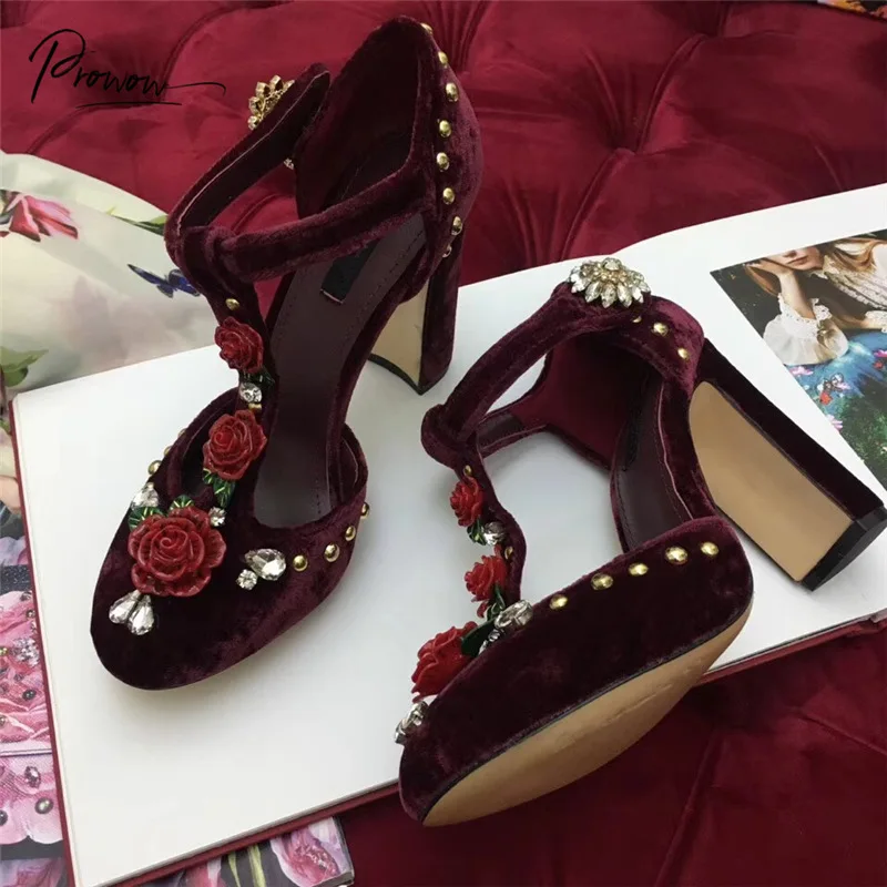 

Prowow New Style Dark Red Genuine Leather Floral Women Summer Sandals Round Toe Buckle Strap Thick High Heel Sandals Shoes Woman