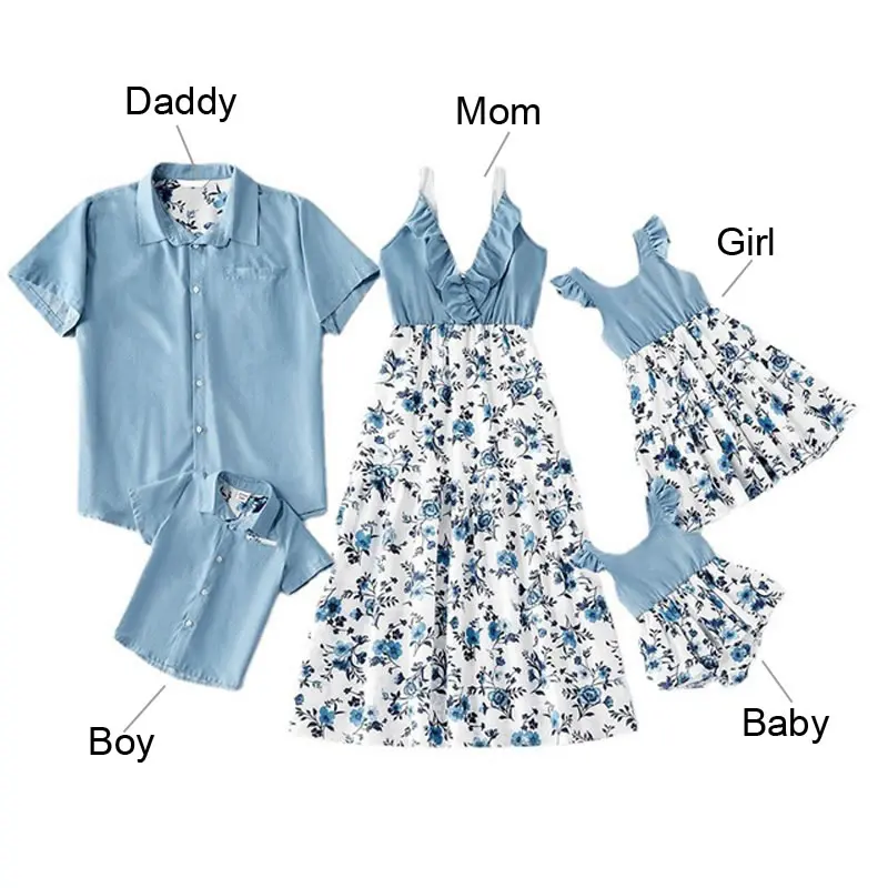 

2021 Summer Mom And Baby Girl Dress Fashion Mother Daughter Denim Dresses Floral Father Son Cloth Shirts Matching Family Clothes