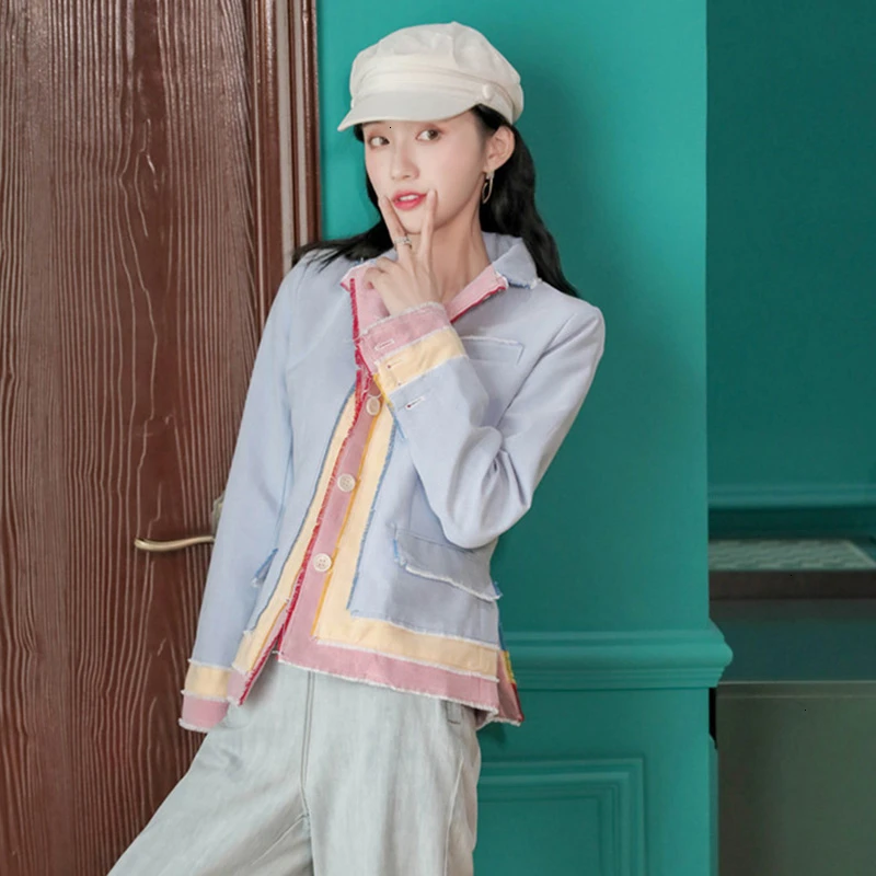 GALCAUR Patchwork Hit Color Women's Blazer Notched Long Sleeve Pockets Korean Female Coats 2019 Autumn Fashion New Clothing | Женская