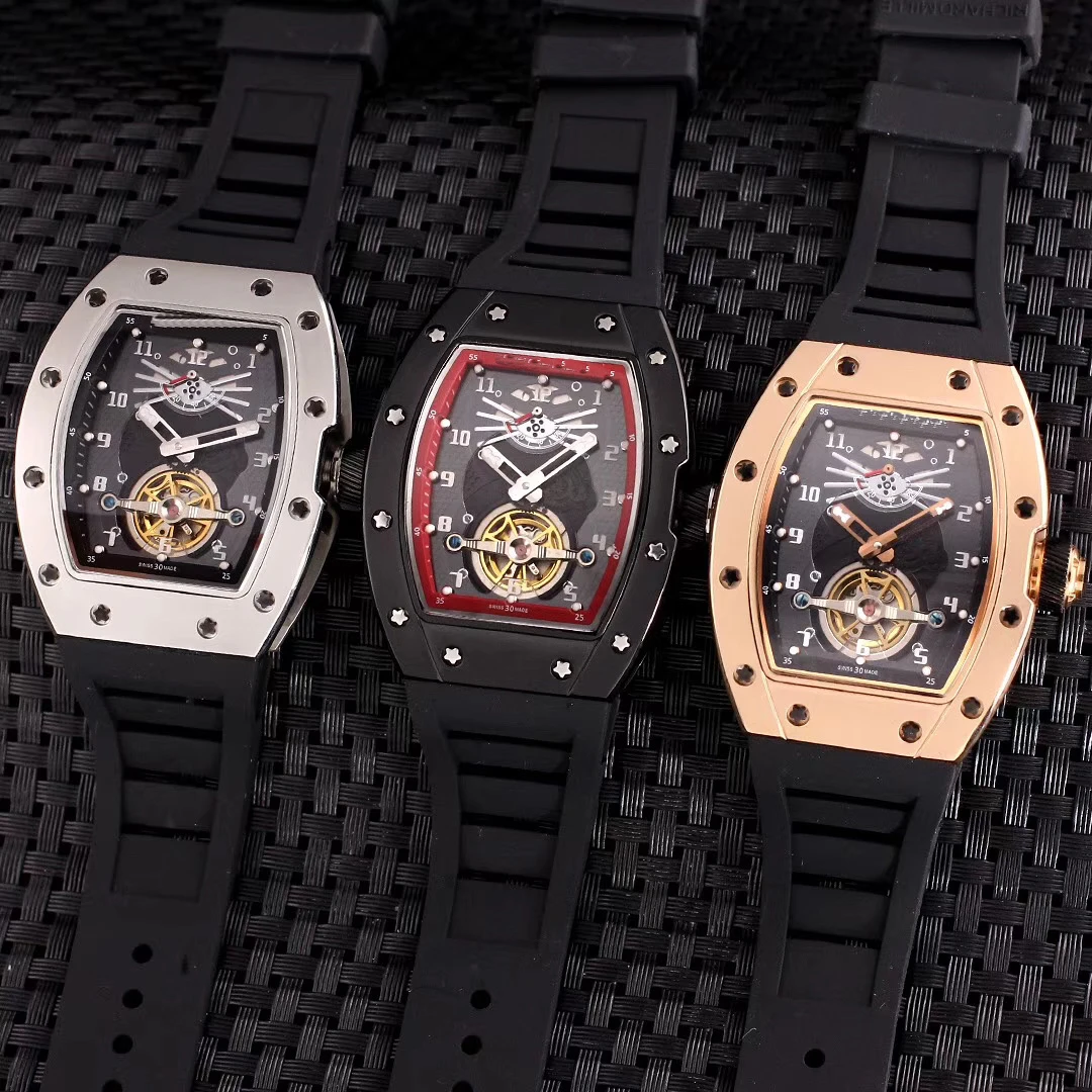 

2020 Luxury Brand New Automatic Mechanical Skeleton Full Black Rose Gold Camouflage Rubber Men Stainless Steel Watch Tourbillion