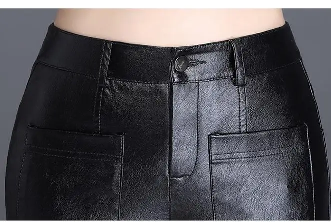 

Winter Fall Fashion Womens High Waisted Black Pu Leather Flare Pants , Autumn Female Woman 4xl Slim Ankle Length Trousers