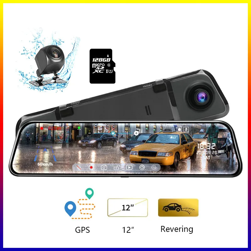 Автомобильный видеорегистратор DEVELUCK 12 дюймов IPS 1080P с двумя объективами GPS-треком