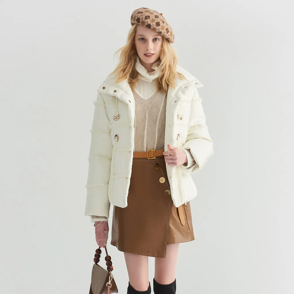 Женская твидовая парка с жемчужинами и бахромой теплая белая однобортная