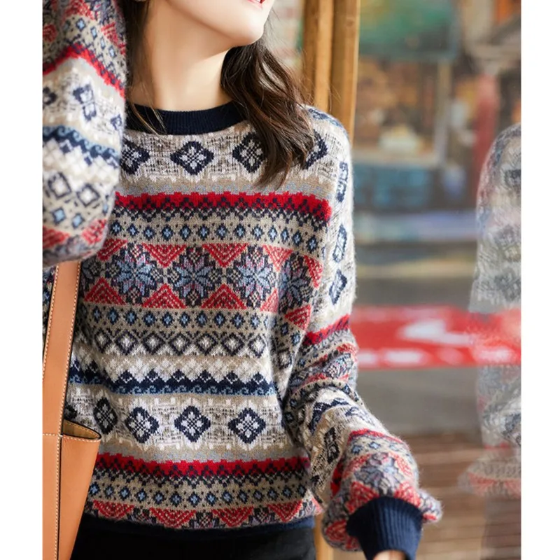 

Womens Geometric Vintage Pullover Sweater 2020 Autumn Winter New Cashmere Jacquard Thicken Sweater Lazy Style All-Match knitwear