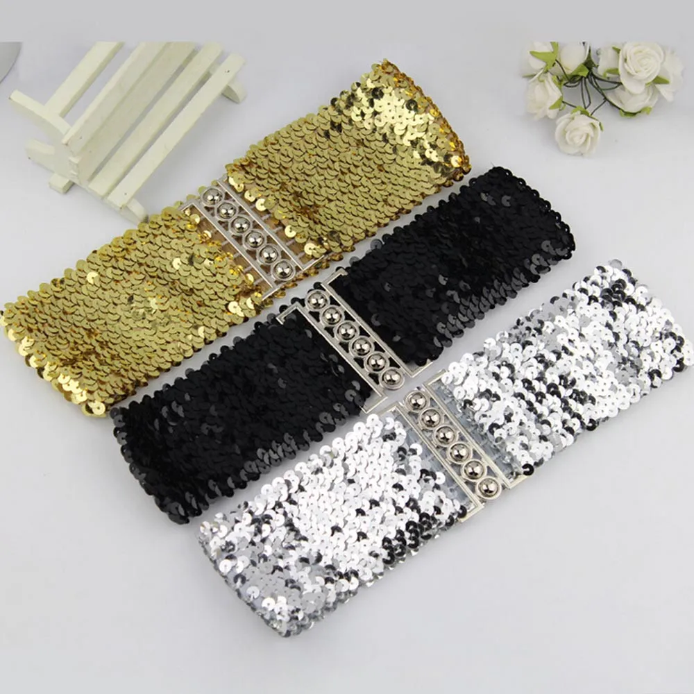 Women Fashion sequins Belt Straps Sequin Elastic Waistband Buckle Wide Stretch Belts Casual Corset Strap Dress Decor New |