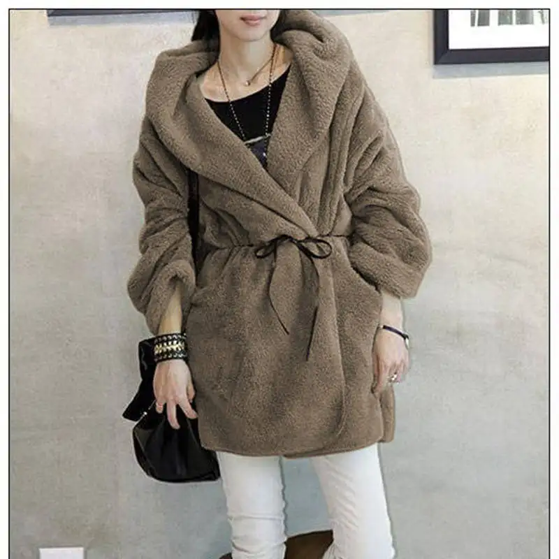 Winter Cotton Women's Coat Hooded Long Sleeve Cardigan Sashes Loose Solid Thick Fashion Office Lady Coat Parkas