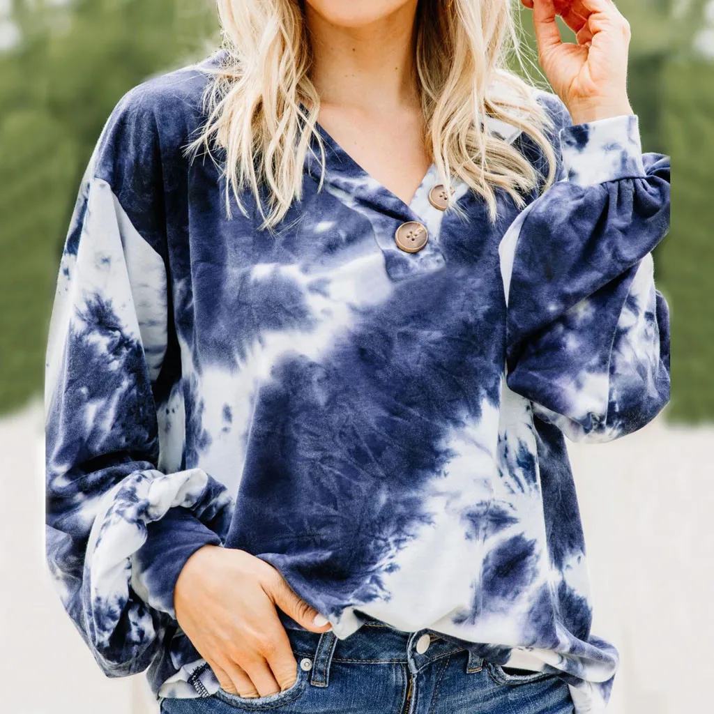 

Fashion autumn hoodie Coat women's Tie-dye Buttons Loose Long print Sleeves V-neck Blouse Sweatshirt Tops