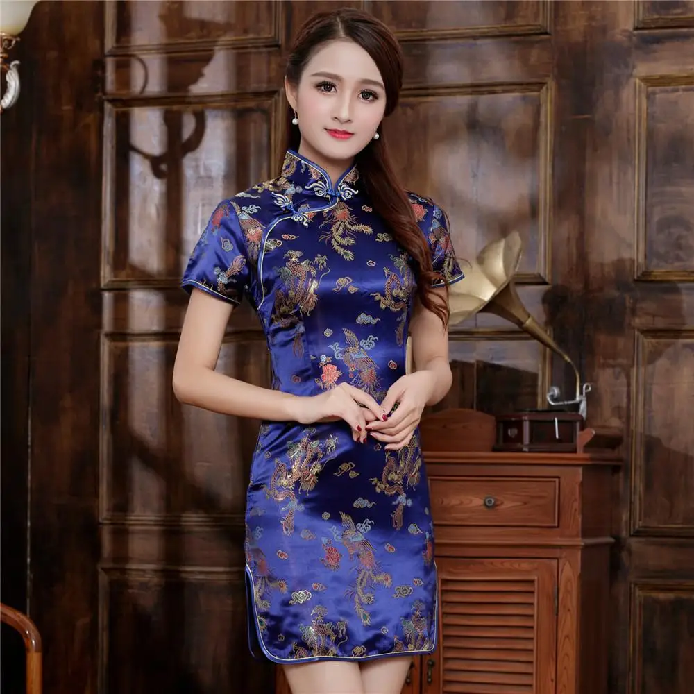 Светло-Розовое женское платье Чонсам для женщин Qipao с коротким рукавом Элегантные Формальные платья большого размера 3XL 4XL 5XL 6XL сексуальные платья - Цвет: Navy Blue B