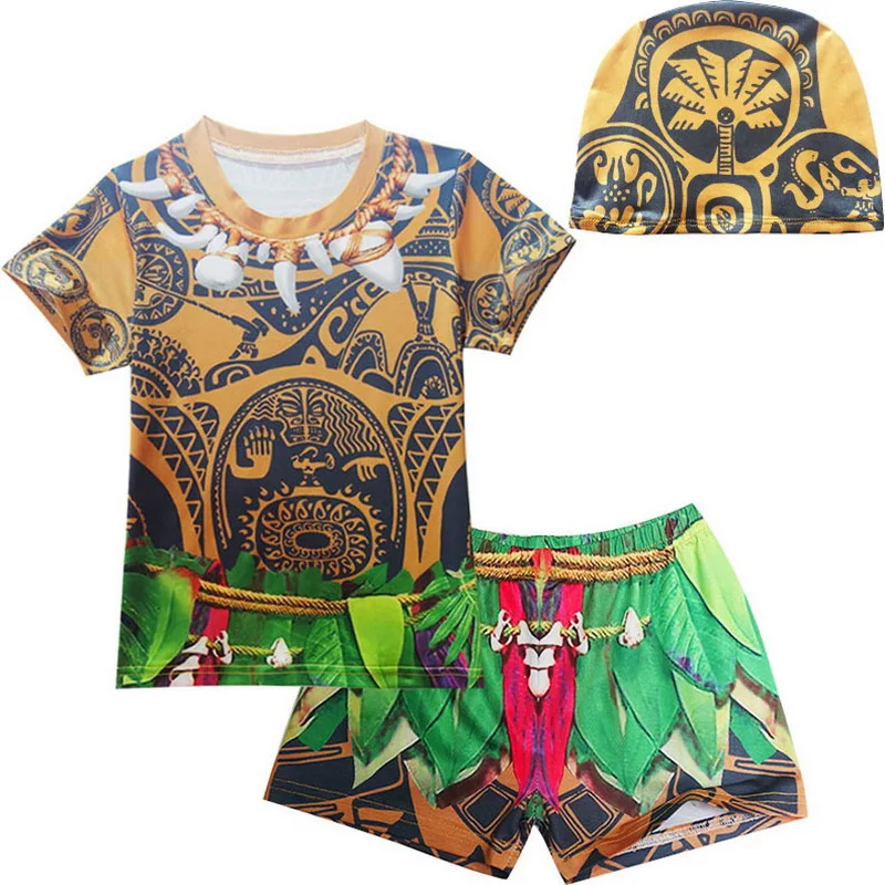 Детский купальный костюм из футболки брюк и шапки |