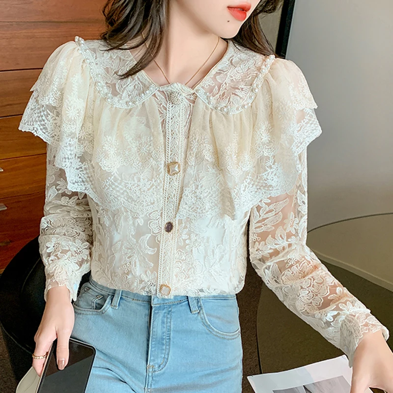 

Autumn Apricot Lace Crochet Hollow Blouses Long-sleeve Peter Pan Collar Button Tops Sweet O-neck Fairy Ruffled Shirts 16992