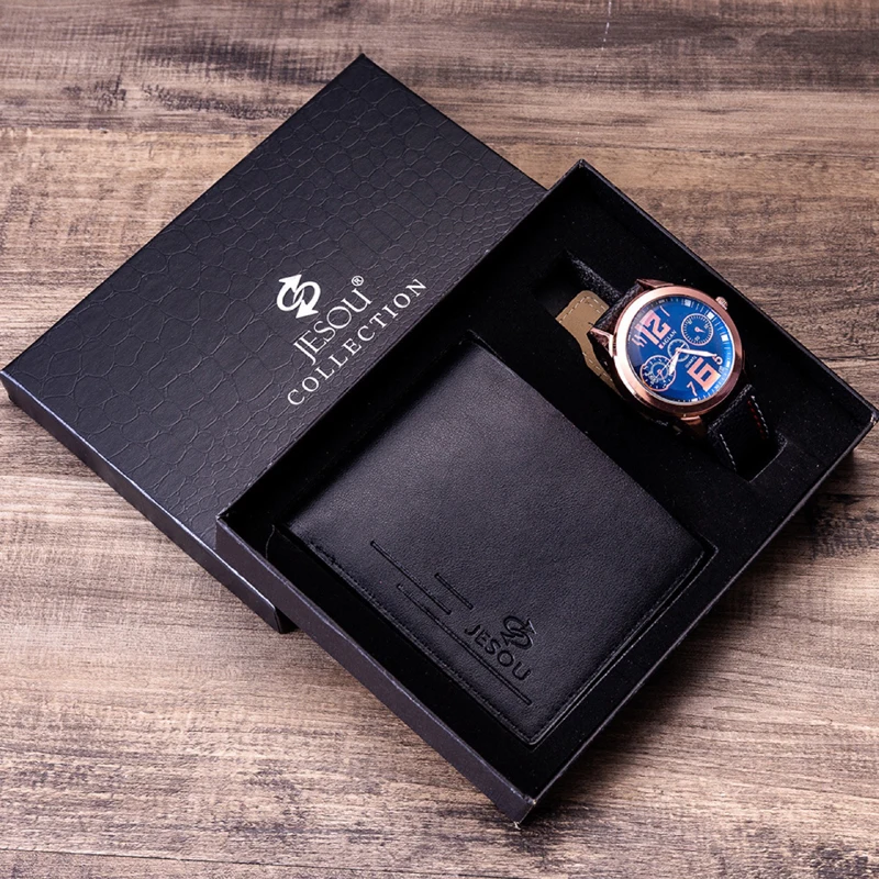 Часы наручные мужские кварцевые с кожаным ремешком складной кожаный кошелек