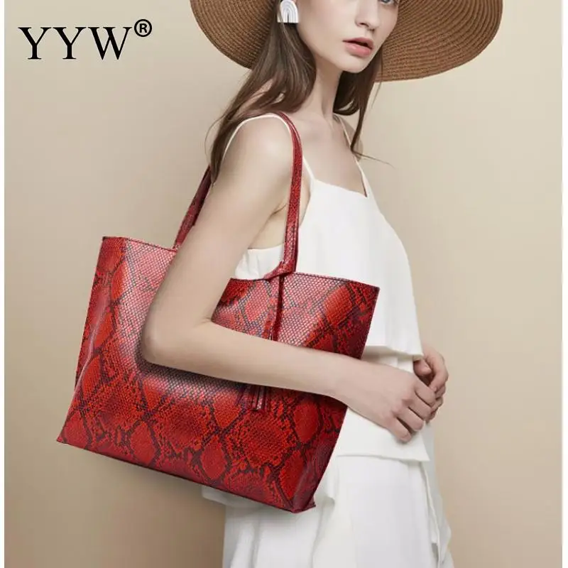 

New Fashion Big Capacity Pu Leather Snakeskin Bag Woman Causal Tote Bag Soft Surface Shoulder Bag For Summer