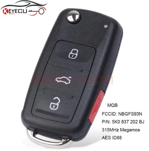 KEYECU NBGFS93N MQB 315 МГц Megamos AES ID88 флип дистанционный ключ брелок от машины для VW VolksWagen
