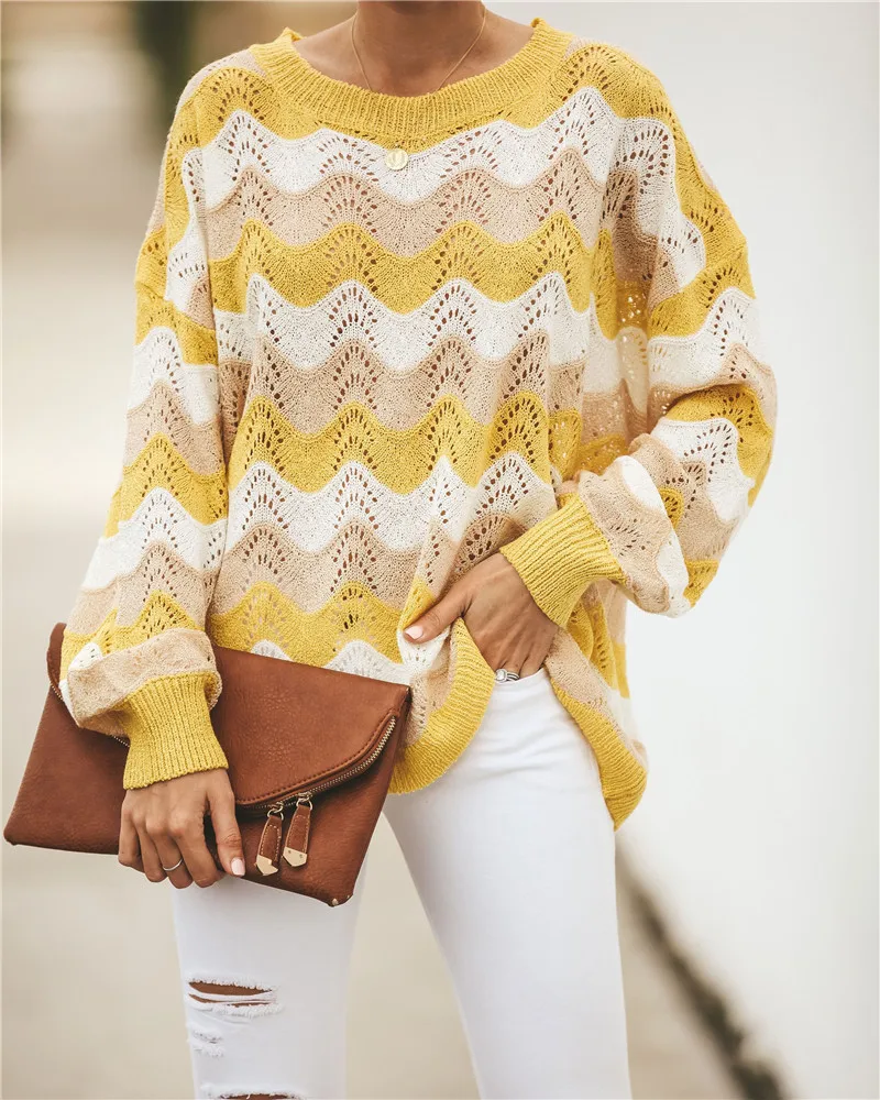 2019 мода весна и осень свободный круглый вырез пуловер свитер | Женская одежда