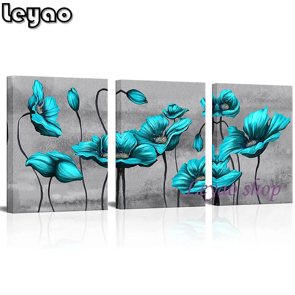 

Diamond Mosaic Triptych Cyan blue poppies wall art elegant flowers Art Diamond Painting Diamond Embroidery Home Decor 3pcs
