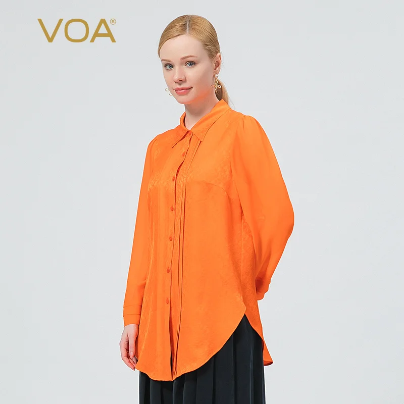 

VOA Jacquard Orange Georgette Stitching Micro-transparent Long Sleeve Single Multi-button Commuter OL Style Shirt Women BE706