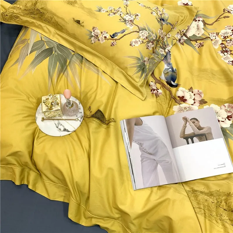 

HD print Vintage Flowers Birds printed Bright Color Duvet Cover Bed sheet Brushed Soft 800TC Egyptian Cotton Bedding set 4Pcs