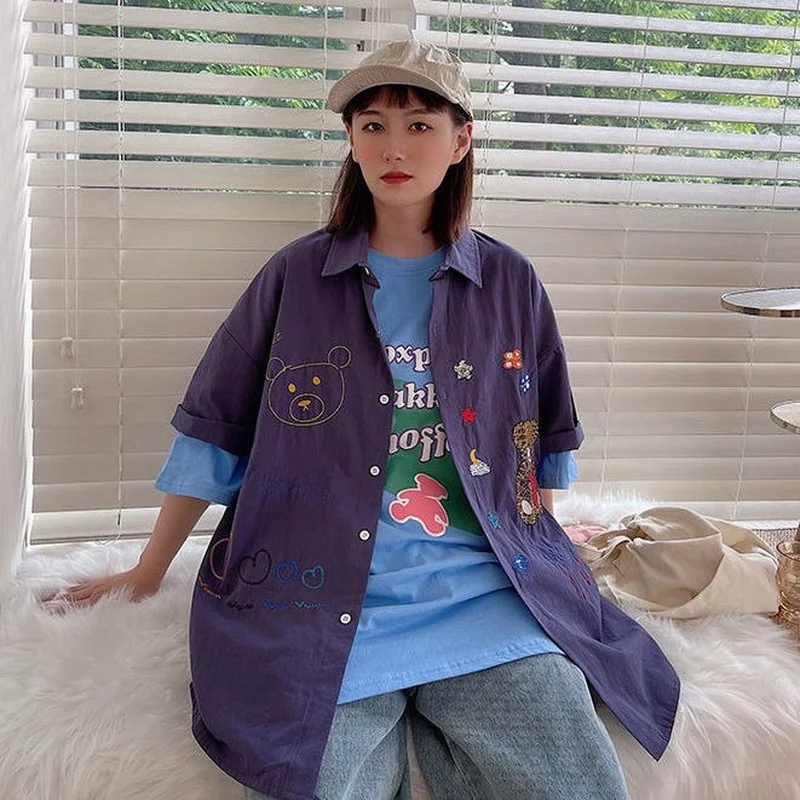 

Deeptown Japan Style Girls Blouses Funny Bear Print Graphic Cardigan 2021 Cute Beach Style Embroidery Cartoon Button Up Tops New