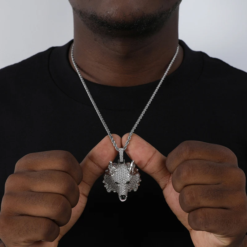 

DRIP ICE Hip Hop Iced Out Cubic Zirconia Stones Animal Wolf Head Necklaces Pendants Charm Tennis Chain Jewelry With Solid Back